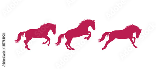Horse jump motion phases - a colored vector side view silhouette showcasing a free mustang sprinting forward.
