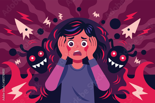 Overwhelmed with anxiety and fear, a young person struggles with nightmares and inner demons in a dark, imaginative landscape, seeking mental peace