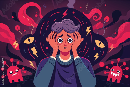 Stressed person overwhelmed by anxiety and fear with swirling thoughts and monster distractions, feeling isolated and alone in a dark and chaotic world