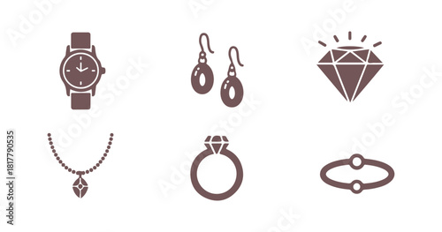 A collection of jewelry icons that includes a wristwatch, earrings, a diamond, a necklace, a ring, a rosary, a bracelet, silverware, piercings, and wedding rings.