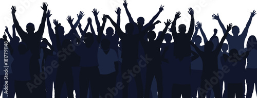Dark blue silhouette of diverse people cheering enthusiastically with hands raised high, celebrating concert, music festival, freedom, or public event.