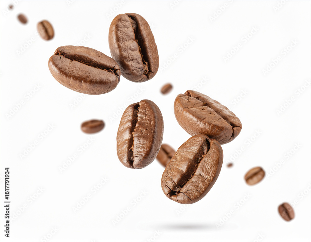 Obraz premium Extreme close-up of several dark roasted coffee beans appearing to float or fall in mid-air. Isolated on a white background, highlighting the texture and rich brown color.