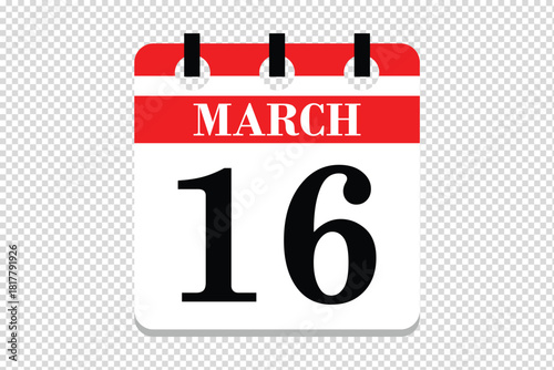 16 March Calendar icon vector, 16 dates of March month calendar icon, dates of March 16 icon calendar, vector calendar icon.
