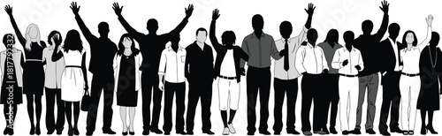 Diverse group of business people and casual individuals standing together, cheering, volunteering, or celebrating team success with hands raised.