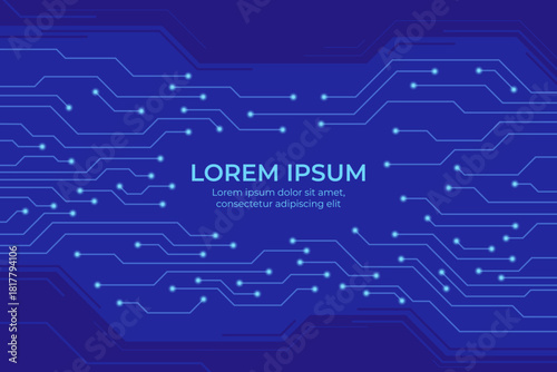 Detailed digital circuit layout on blue background. Design with interconnecting lines and dots, showcasing modern technology theme