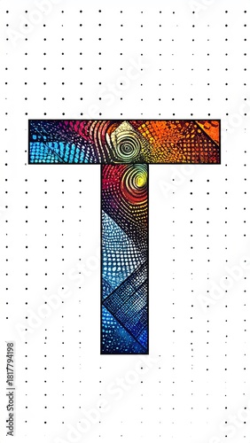 T" of blended colors & textures on dotted white back