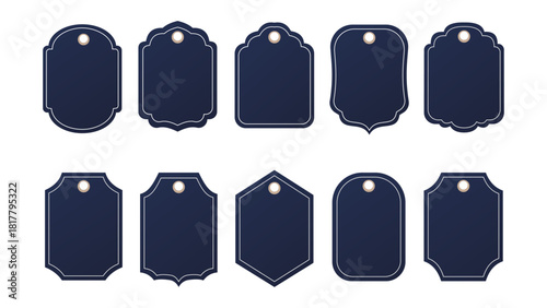 vector set of blank navy blue gift tags in various elegant shapes.