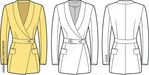 Women's yellow wrap blazer dress technical sketch, fashion cad drawing flat vector illustration, front and back views with shawl collar.