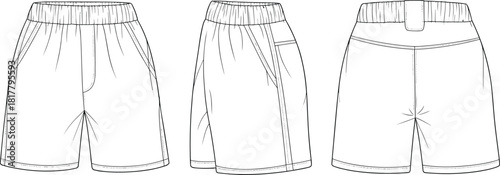 Men's casual elastic waist shorts technical sketch, fashion cad drawing flat vector illustration, front side and back views.