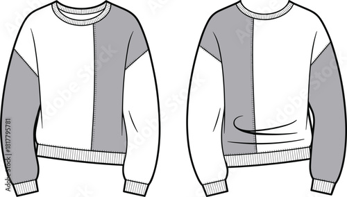 Oversized color block sweatshirt technical sketch, fashion cad drawing flat vector illustration, front and back views with ribbing details.