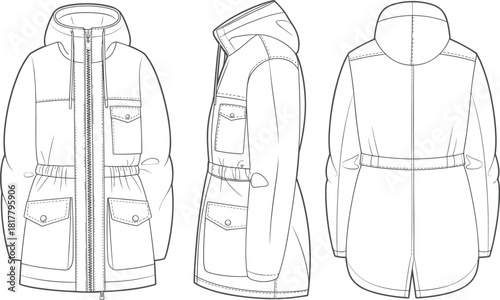 Hooded parka jacket technical sketch, fashion cad drawing flat vector illustration, front side and back views, fishtail hem, zipper details.