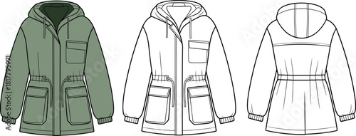 Women's hooded parka jacket technical sketch, fashion cad drawing flat vector illustration, front and back views, drawstring waist, utility pockets.