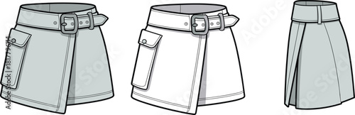 Fashion skirt technical flat sketch with belt and pockets detailed apparel design template for clothing production and garment illustration
