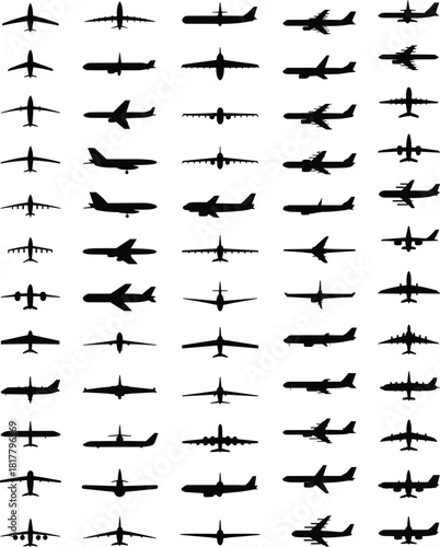 Airplane silhouette vector set, commercial aircraft icons, military jet silhouettes, aviation clipart, flight transport illustration, black airplane collection