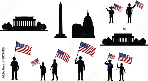 American patriotic silhouette illustration featuring U.S. landmarks, waving flags, saluting people, national pride, independence celebration, freedom, unity, democracy, heritage