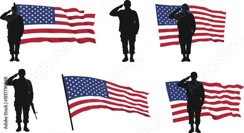 American patriotic silhouettes of people saluting with USA flags, military soldier, national pride, Independence Day celebration, freedom vector illustration design