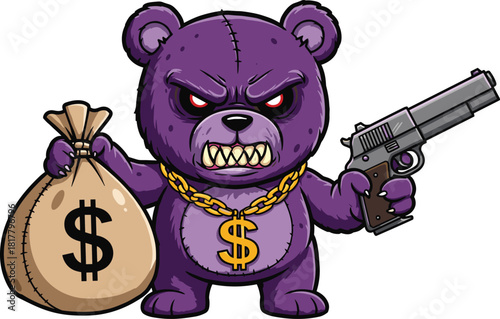 Angry purple gangster bear cartoon, holding gun and money bag, criminal teddy with gold chain, vector illustration, funny dangerous mascot character, urban street style
