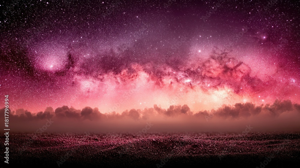 Fototapeta premium A vibrant, colorful panorama of the Milky Way galaxy, with swirling pink and purple nebulae and countless stars, set against a misty, textured foreground.