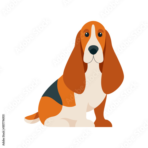 Basset Hound Sitting With Long Ears Drooping Minimal And Simple Colorful Vector White Background Only