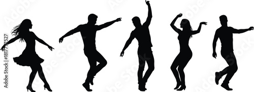 Silhouette dancers in motion, male and female dancing poses, vector illustration, energetic performance, modern dance steps, couple choreography, black figures on white background