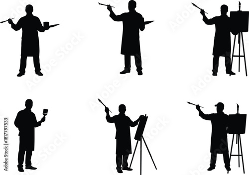 Artist Silhouette Painting on Canvas with Brush, Creative Art Illustration in Studio for Design Use