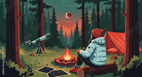 Enthusiast astronomer camping under the eclipse in serene forest scenery