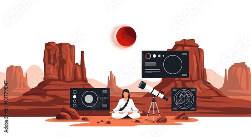 Contemplating the cosmos: A tranquil scene under a lunar eclipse in desert landscape