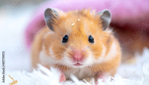 Adorable Golden Hamster Portrait on White Furry Surface.