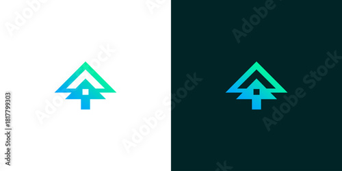 Modern gradient evergreen tree logo with an integrated upward arrow. This minimalist digital icon symbolizes growth, progress, and sustainability for eco-conscious brands and tech businesses