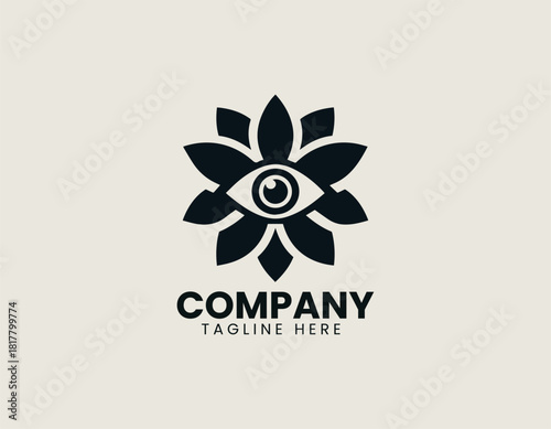 Minimalist black flower icon with an eye symbol in its center, on a light cream background