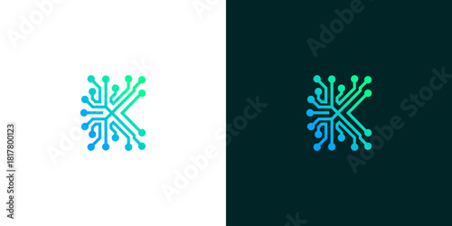 Digital letter K logo design with circuit board technology elements on white and dark backgrounds