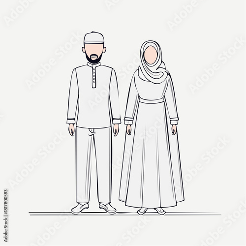 A full-length drawing of an Islamic couple wearing modest fashion. Line art vector of a man in a thobe and a woman in a hijab