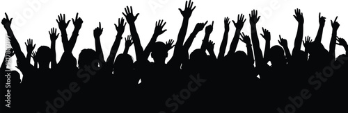 Large enthusiastic crowd silhouette with various hands raised and mixed gestures, celebrating concert, music festival, unity, victory, or public event.