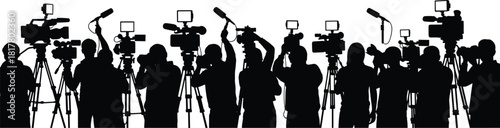 Paparazzi and broadcast news media silhouette capturing event, using video cameras, microphones, and professional equipment, isolated vector illustration.