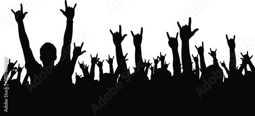 Large rock concert crowd silhouette raising hands with devil horns gesture, expressing excitement, heavy metal music culture, and energy isolated.