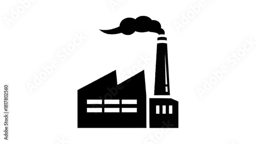 Vector illustration of black and white silhouette icon of a factory building with a smoking chimney, isolated on transparent background 