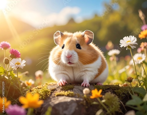 Adorable Guinea Pig Enjoying a Sunny Day in a Flower Meadow.