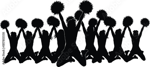 Silhouette of cheerleading squad jumping and cheering with pom-poms raised high, symbolizing team spirit, excitement, sports support, and enthusiastic performance.