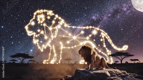 Wallpaper Mural A majestic lion sitting on a rock under a starry night sky with the Milky Way visible in the background, surrounded by silhouettes of acacia trees in an African savanna Torontodigital.ca