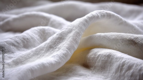 Soft white linen fabric with natural folds and textured surface