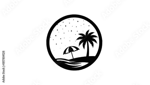 Vector illustration of black and white circular silhouette icon of a tropical beach scene with palm tree and umbrella isolated on transparent background 
