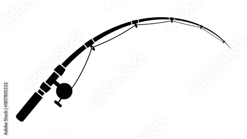 Vector illustration of silhouette of a bent fishing rod with a reel, isolated on transparent background 
