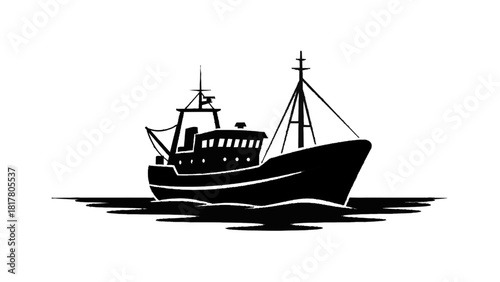 Vector illustration of black and white silhouette graphic of a commercial fishing trawler boat sailing on water isolated on transparent background 