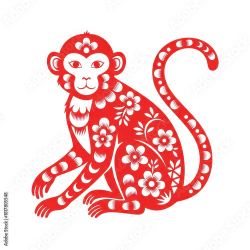 Red chinese new year monkey illustration paper cut style design isolated on transparent background