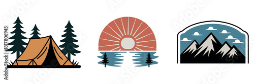 Nature Scene Illustrations Featuring Camping, Sunset, and Mountain Landscape