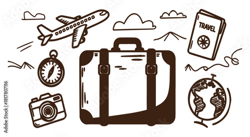 Travel Icon Set with Suitcase, Airplane, Globe, and Adventure Elements