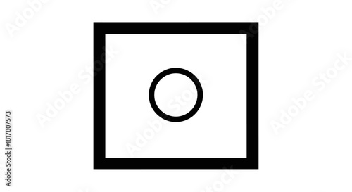 A minimalist composition featuring a circle enclosed within a bold square frame on a crisp white