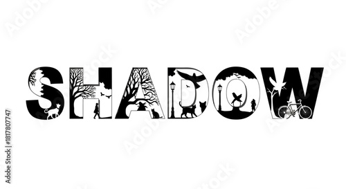 Artistic black and white shadow illustration using silhouettes featuring various creatures