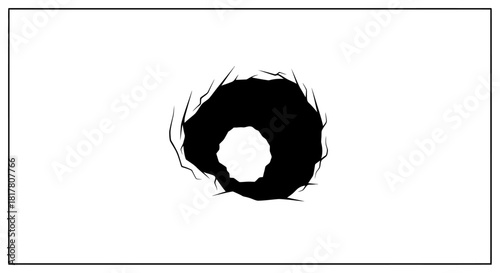 Graphic illustration of a dark hole with fractured edges on a clean white backdrop portraying