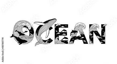 Ocean typography artwork featuring a whale, dolphins, and ocean waves, black and white concept
